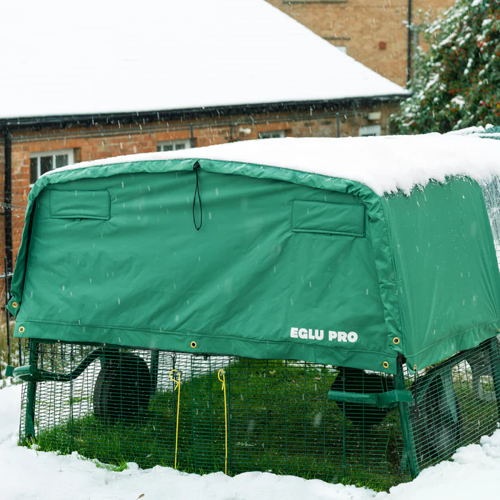 Omlet extreme weather blanket coop cover on chicken coop with snow