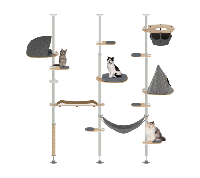 Cat tree with multiple levels, shelves, and a hammock