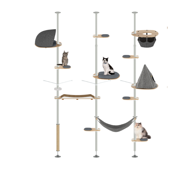 Cat tree with multiple levels, platforms, and a hammock