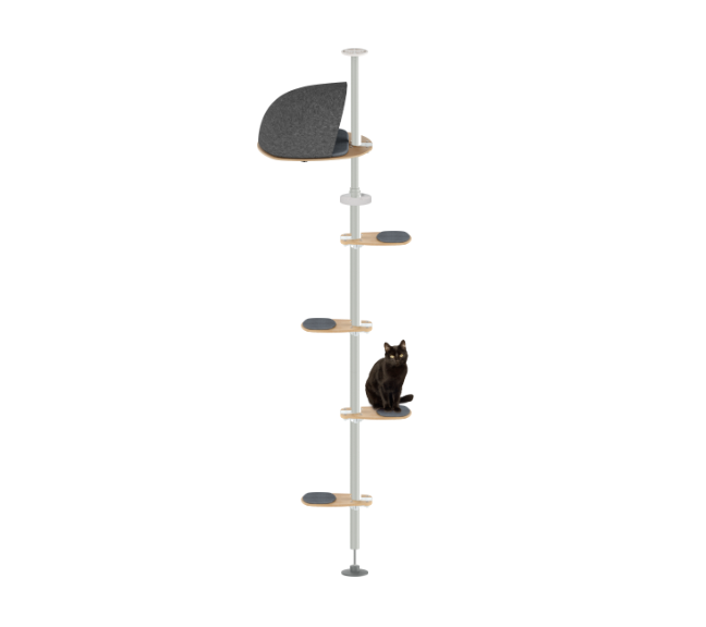Cat tree with multiple platforms on a white background