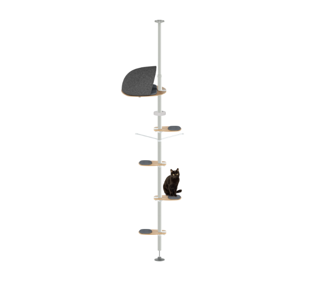 Cat climbing tower with multiple platforms on a white background