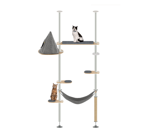 Cat tree with shelves, a cone-shaped cat house, and a hammock