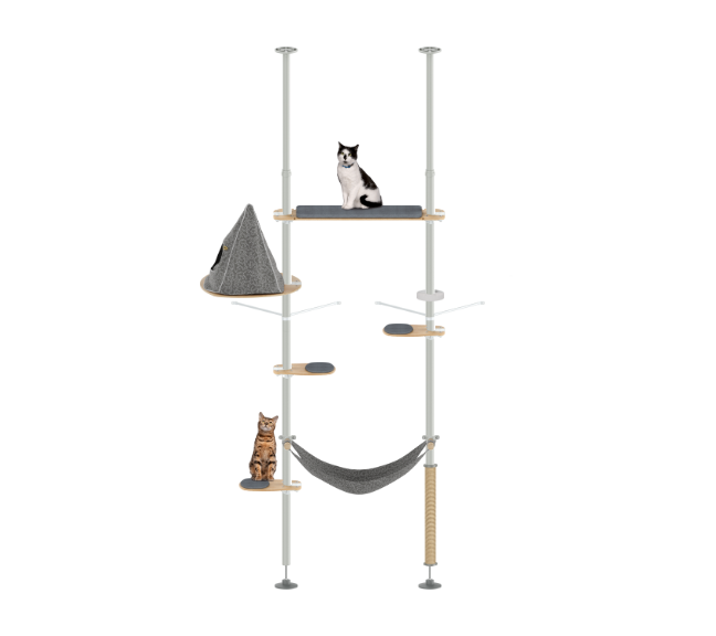 Cat tree with multiple levels, a hammock, and a cone-shaped cat house