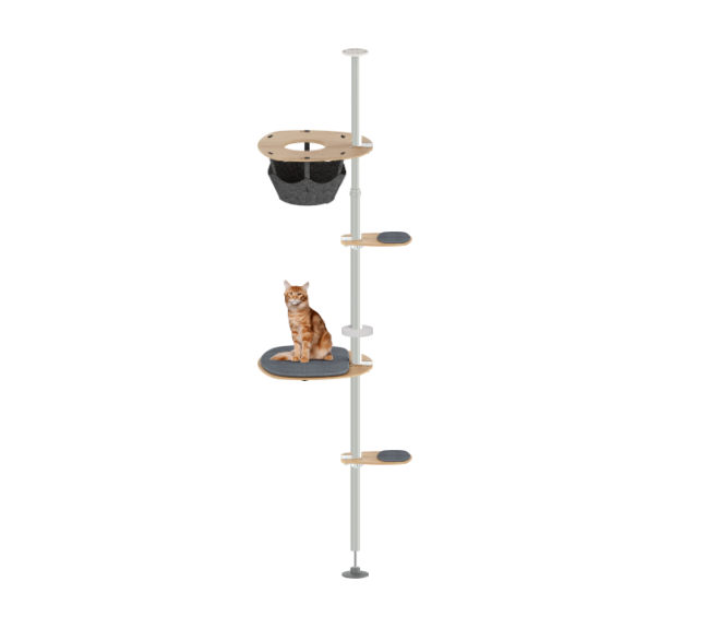 Cat tree with multiple platforms and a cat sitting on one of them on a white background