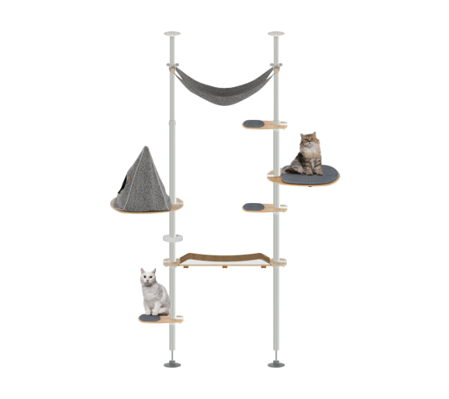 Cat play structure with multiple levels and a hammock