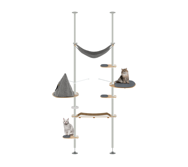 Cat play tree with various platforms and a hammock