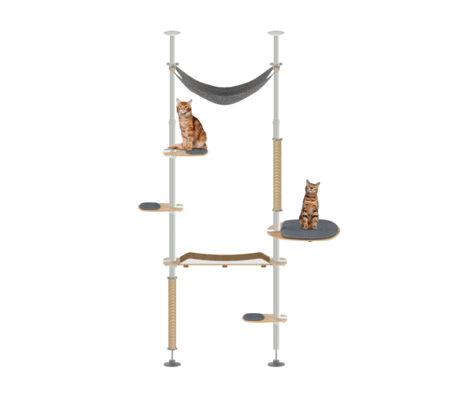 Cat play tree with multiple levels, a hammock and scratch pad