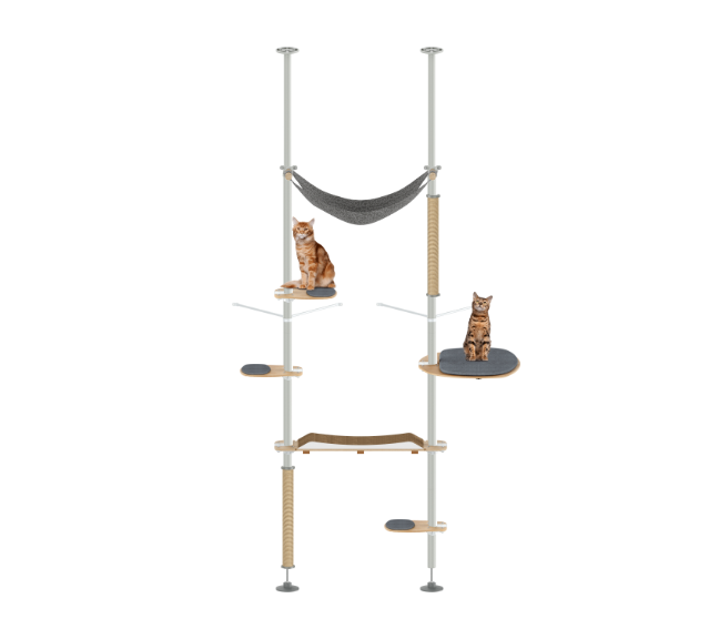 Cat play tree with multiple platforms and a hammock