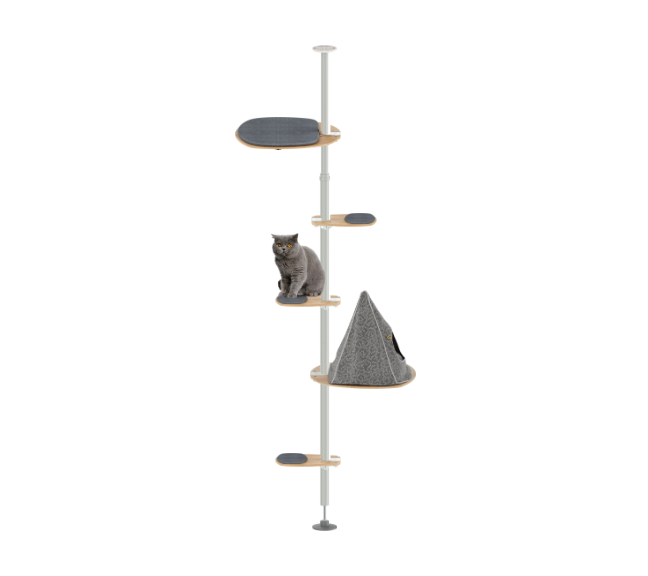 Cat tree with multiple levels and a cone-shaped cat bed.