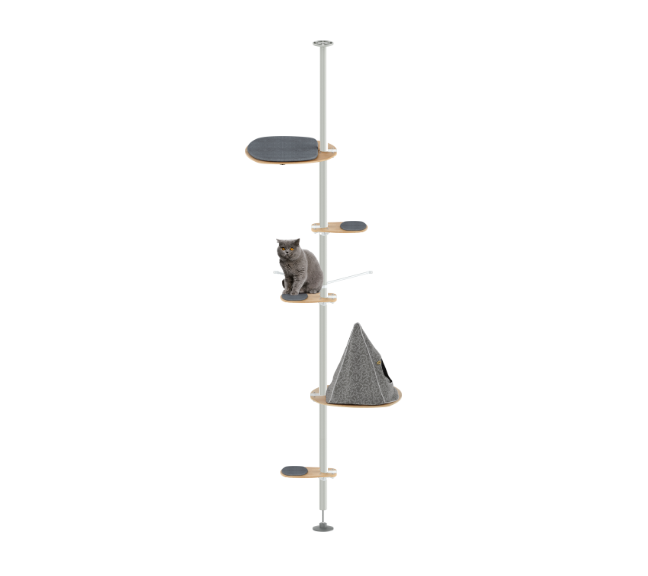 Cat tree with multiple levels and a cone-shaped cat house