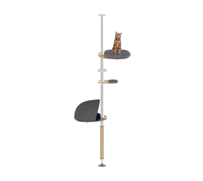 Cat climbing tower with multiple platforms on a white background