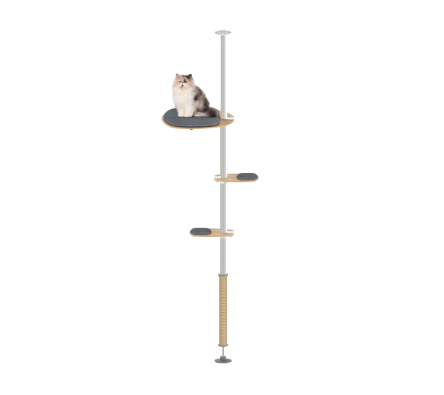 Cat tree with multiple platforms and a cat sitting on one of them against a white background