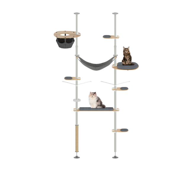 Cat tree with multiple levels, shelves, and a hammock