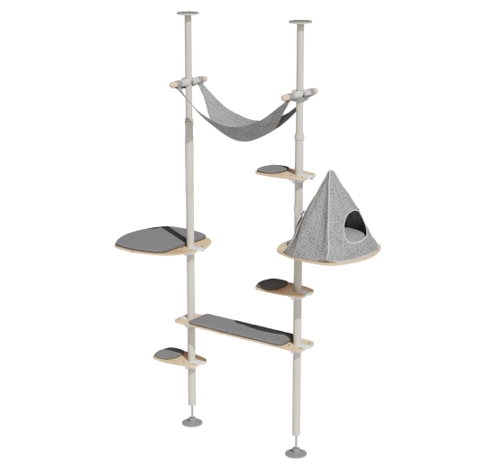 Cat climbing with shelves and a hammock on a white background