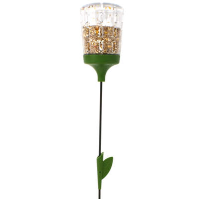 A vertical image of a Poppy Chicken Peck Toy with a treat dispenser filled with grains attached to a flexible pole.