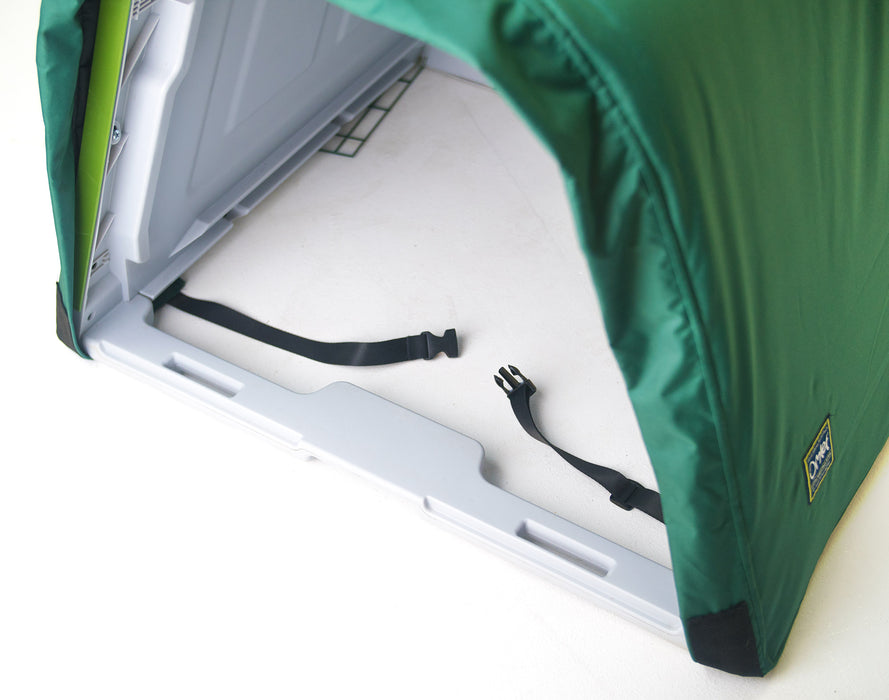 The extreme winter blanket is secured with straps under the Eglu Go coop.