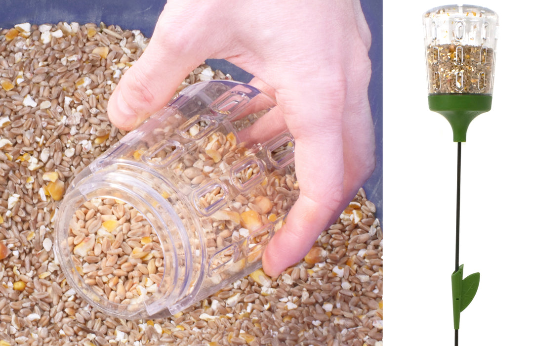 The chicken treat holder is easy to fill with feed.